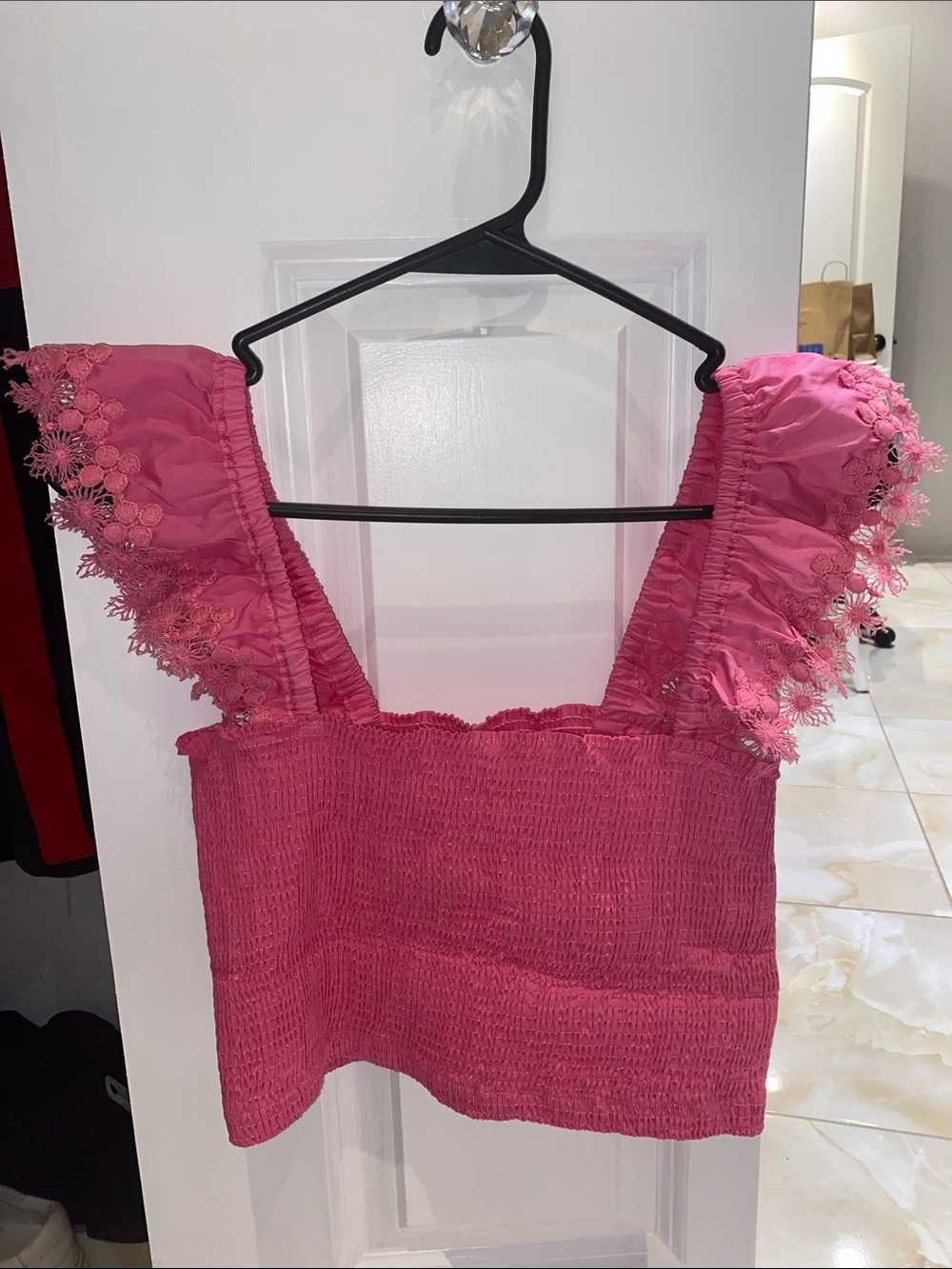 Bloomingdale’s Peixoto Hot Pink Smocked Lace-Trim Crop Top